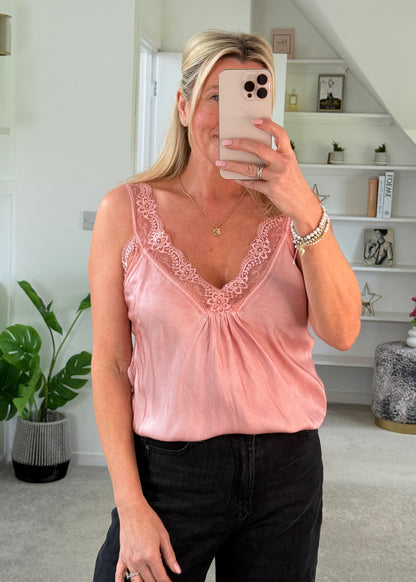 Light Coral Satin/Lace Gathered V Neck Top