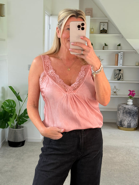 Light Coral Satin/Lace Gathered V Neck Top
