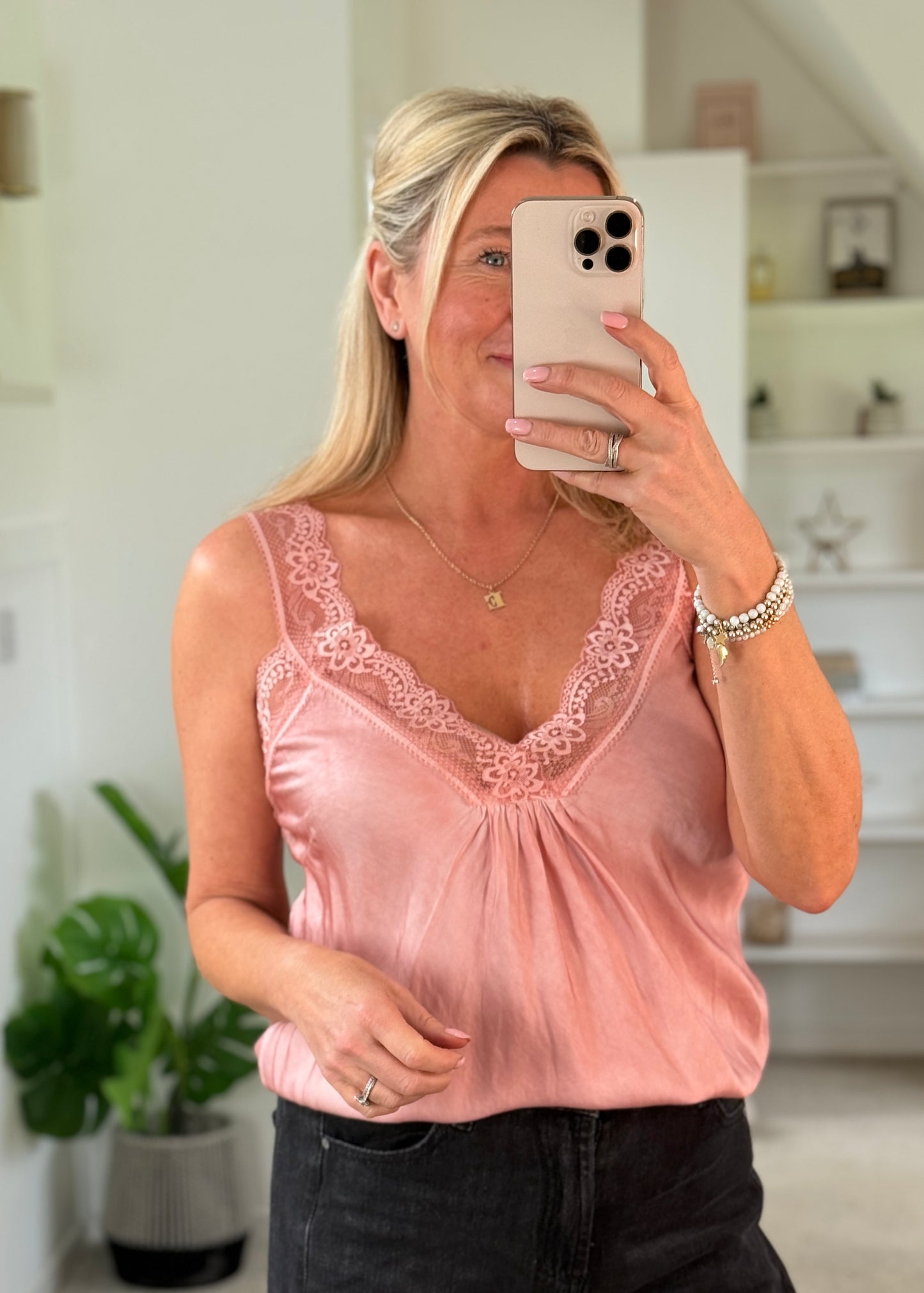 Light Coral Satin/Lace Gathered V Neck Top