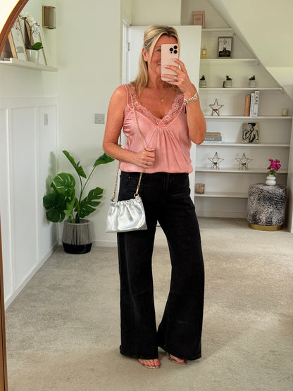 Light Coral Satin/Lace Gathered V Neck Top