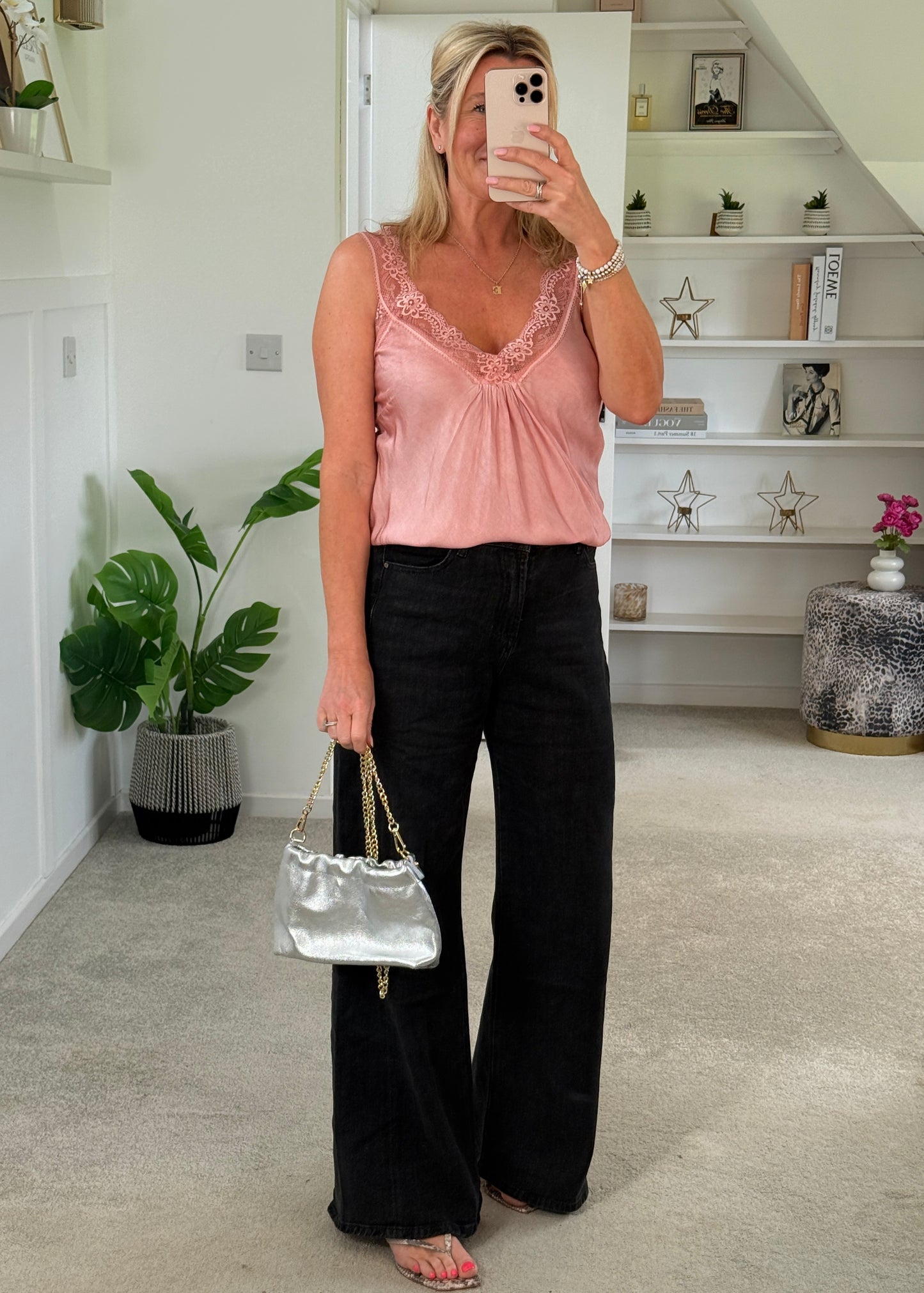 Light Coral Satin/Lace Gathered V Neck Top