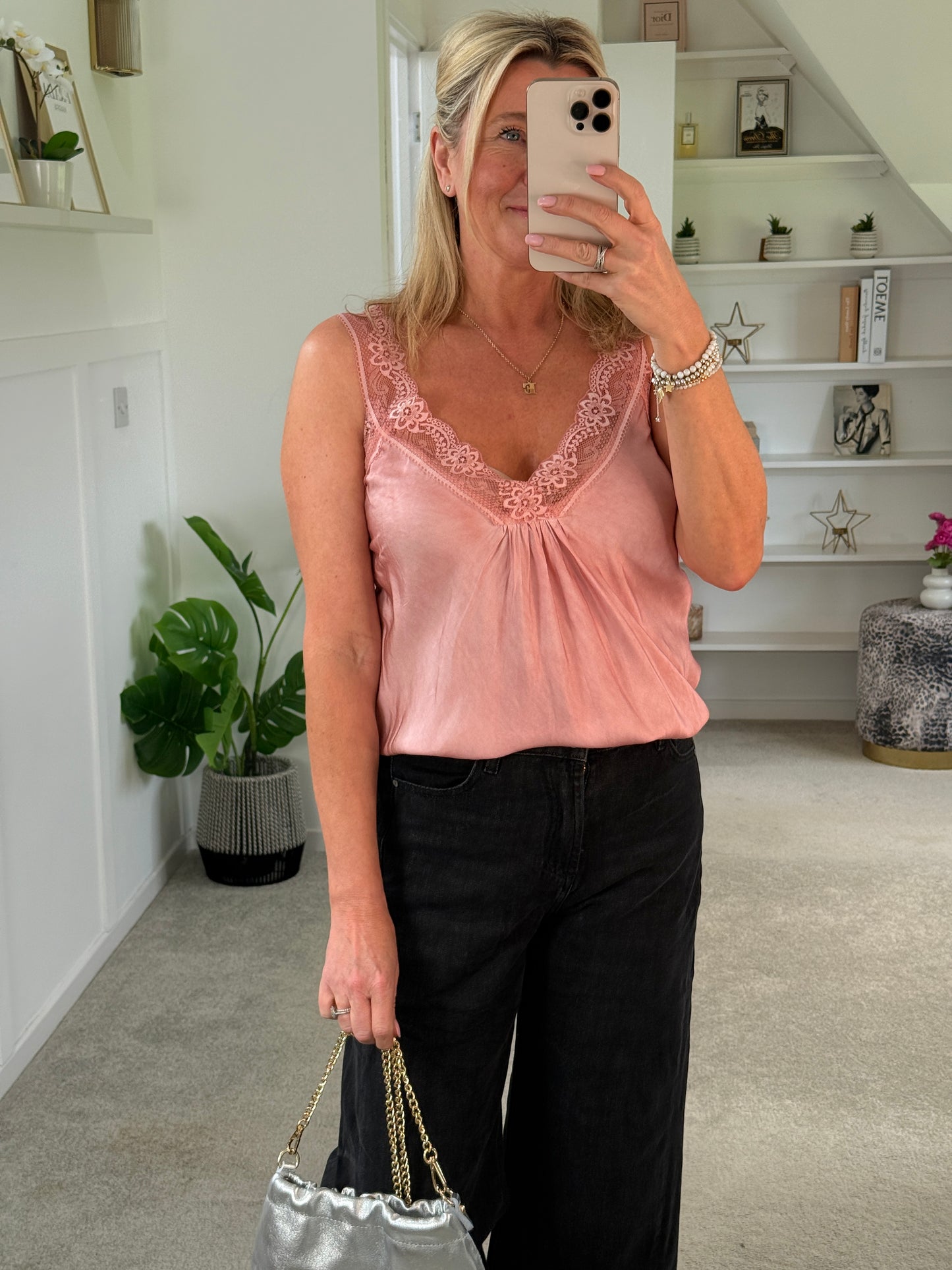 Light Coral Satin/Lace Gathered V Neck Top