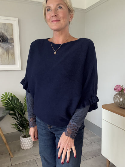 Navy Frill Sleeve Batwing Jumper