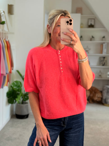 Neon Coral Alpaca Mix Diamanté Button Jumper