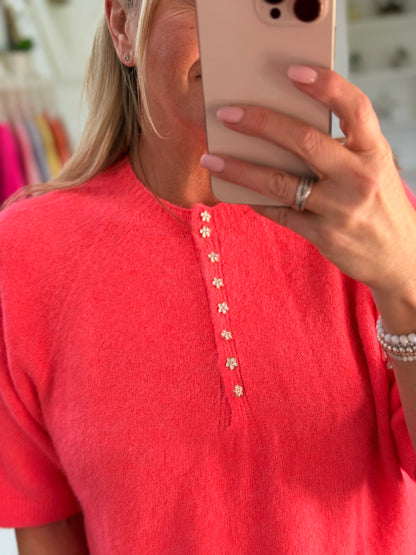 Neon Coral Alpaca Mix Diamanté Button Jumper