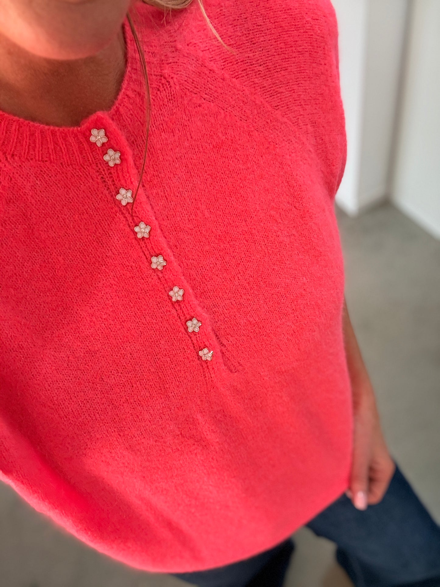 Neon Coral Alpaca Mix Diamanté Button Jumper