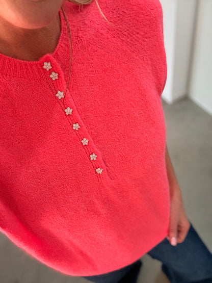 Neon Coral Alpaca Mix Diamanté Button Jumper