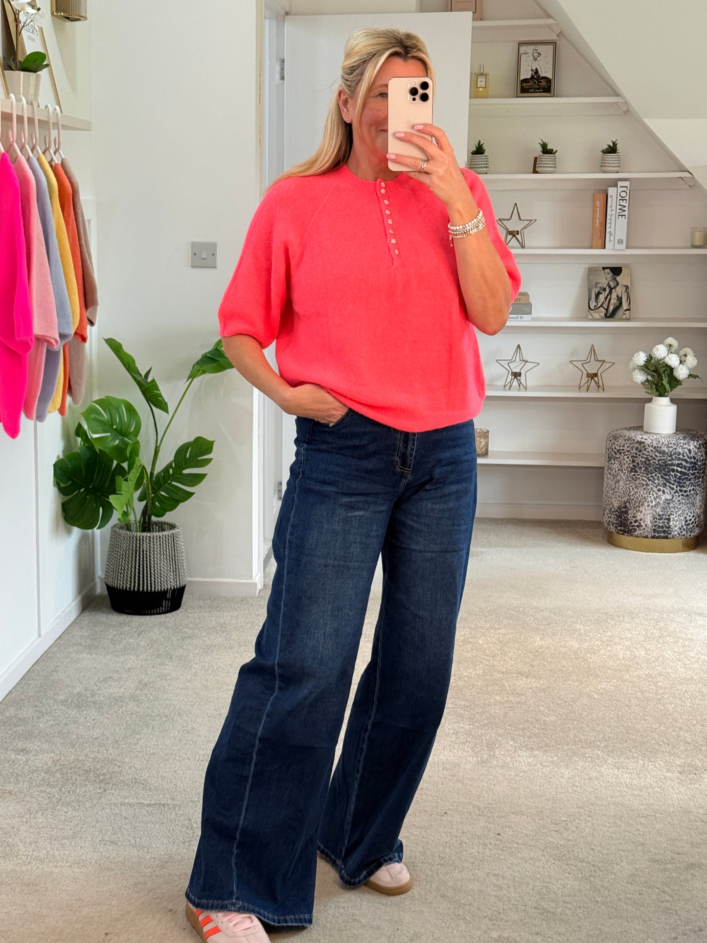 Neon Coral Alpaca Mix Diamanté Button Jumper