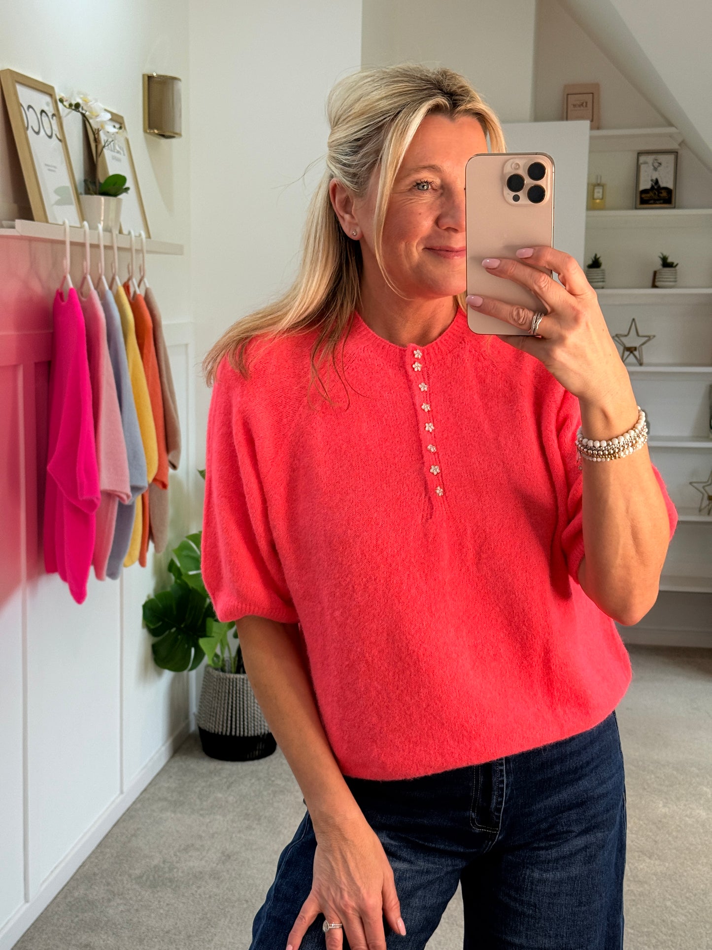 Neon Coral Alpaca Mix Diamanté Button Jumper