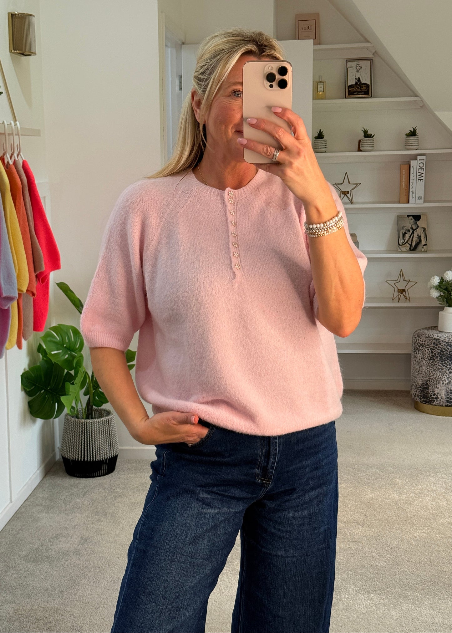 Baby Pink Alpaca Mix Diamanté Button Jumper