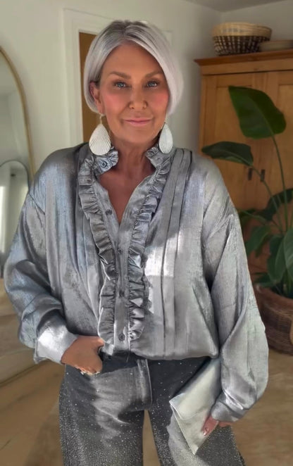 Silver Metallic Ruffle Front Blouse