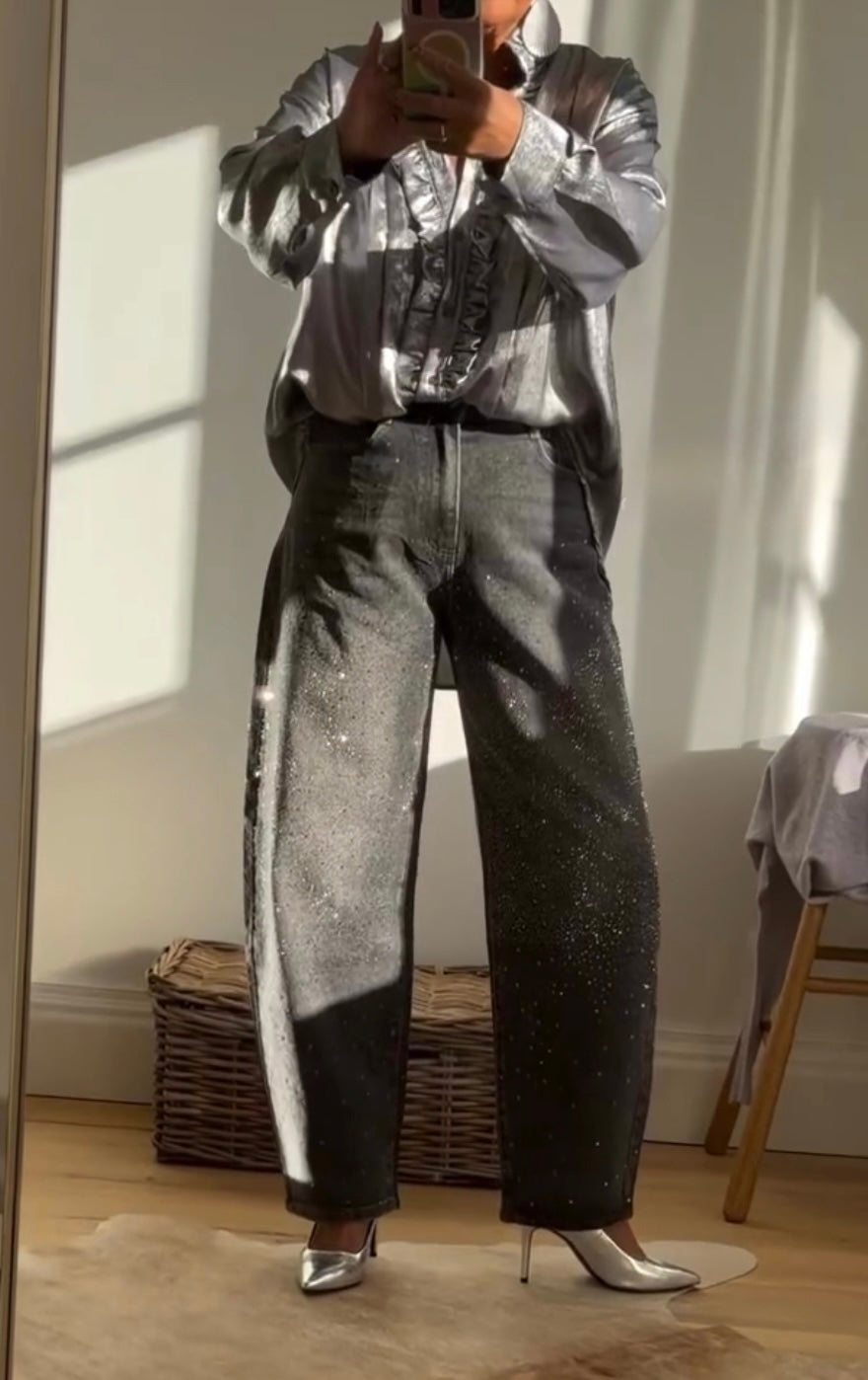 Silver Metallic Ruffle Front Blouse