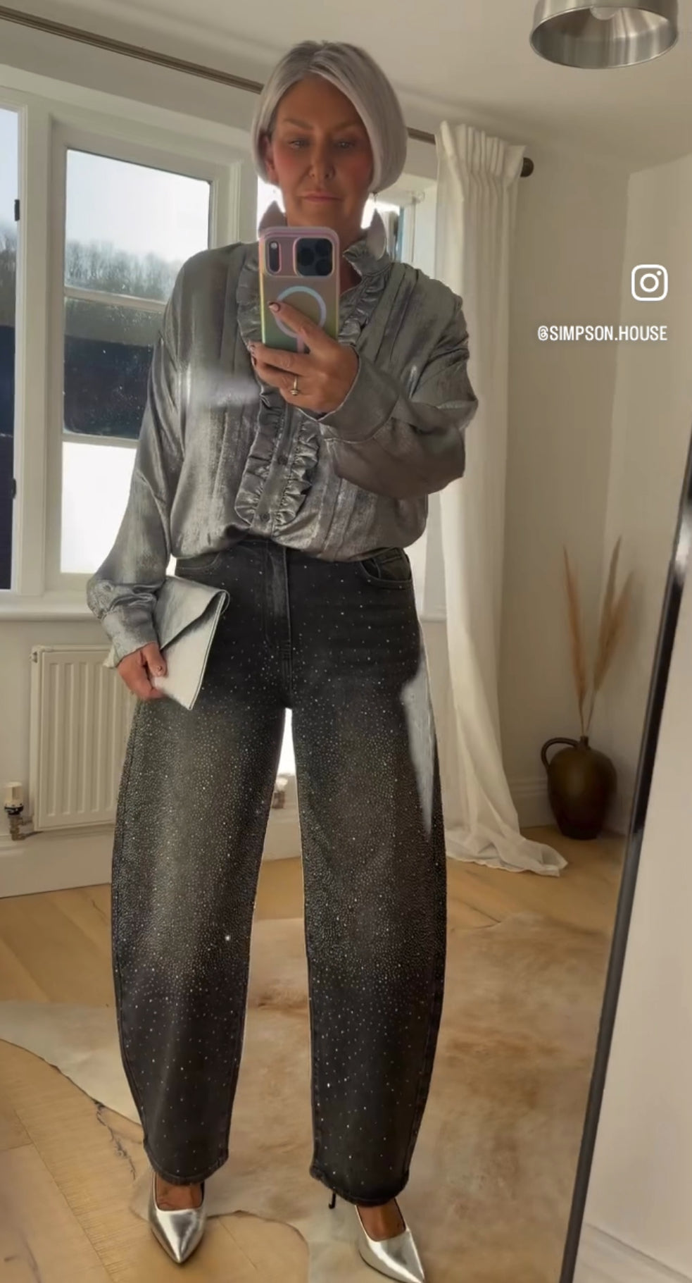 Silver Metallic Ruffle Front Blouse