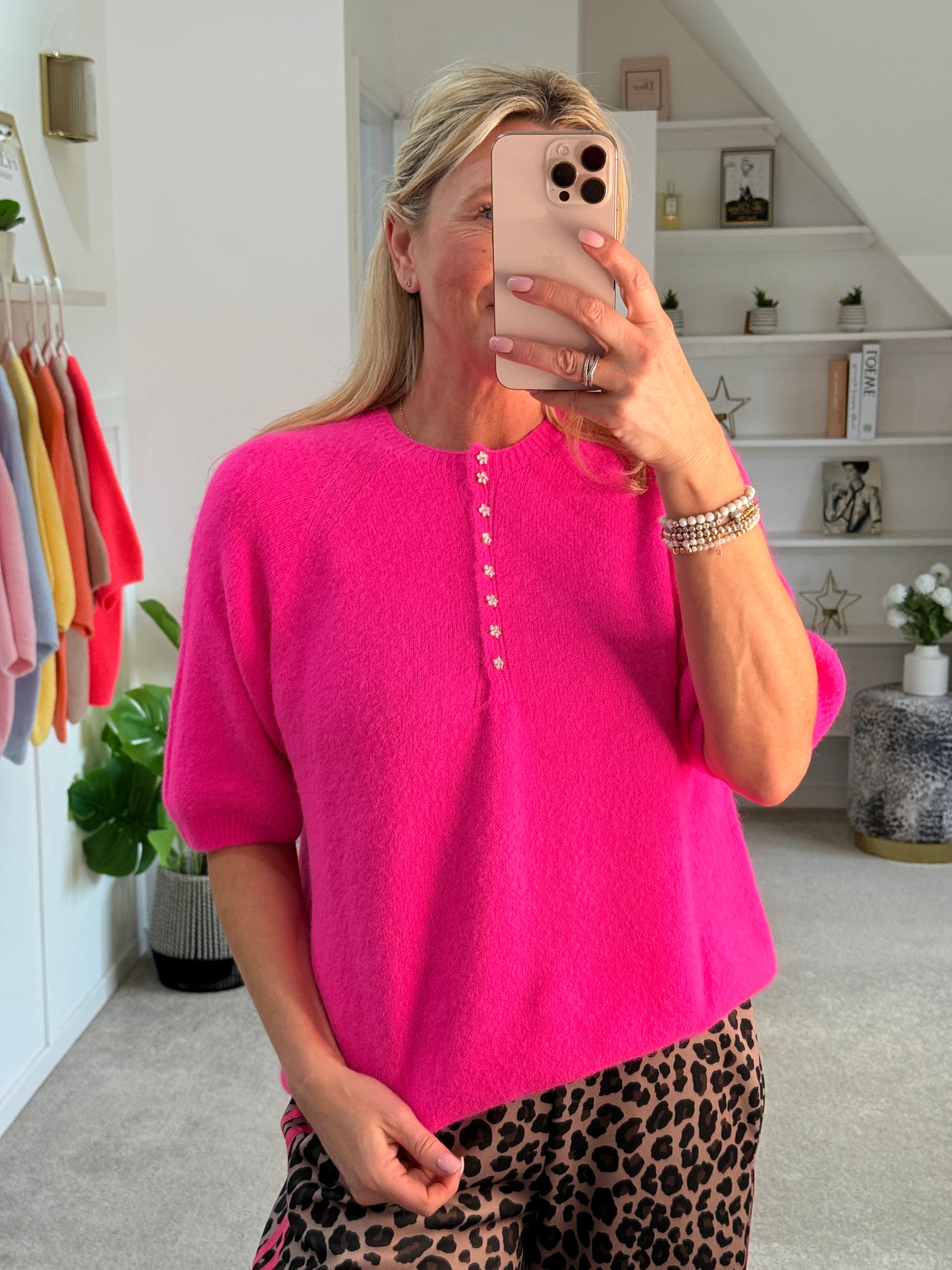 Neon Pink Alpaca Mix Diamonte Button Jumper