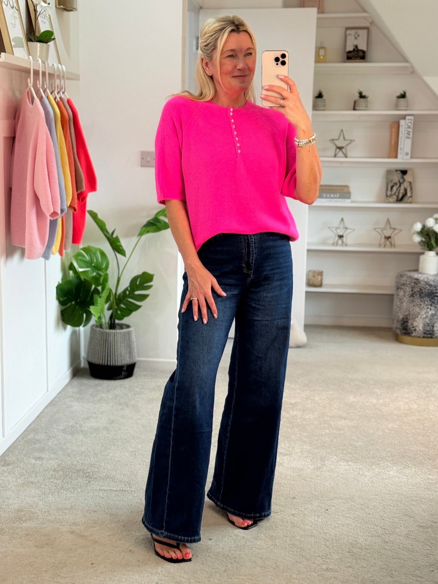 Neon Pink Alpaca Mix Diamonte Button Jumper