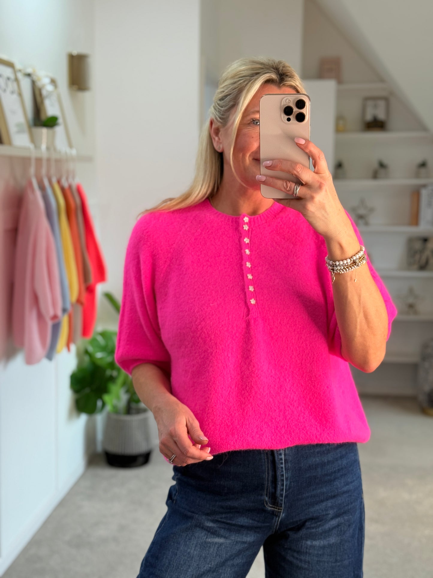 Neon Pink Alpaca Mix Diamonte Button Jumper