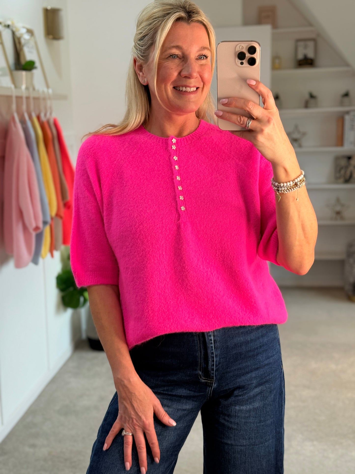 Neon Pink Alpaca Mix Diamonte Button Jumper