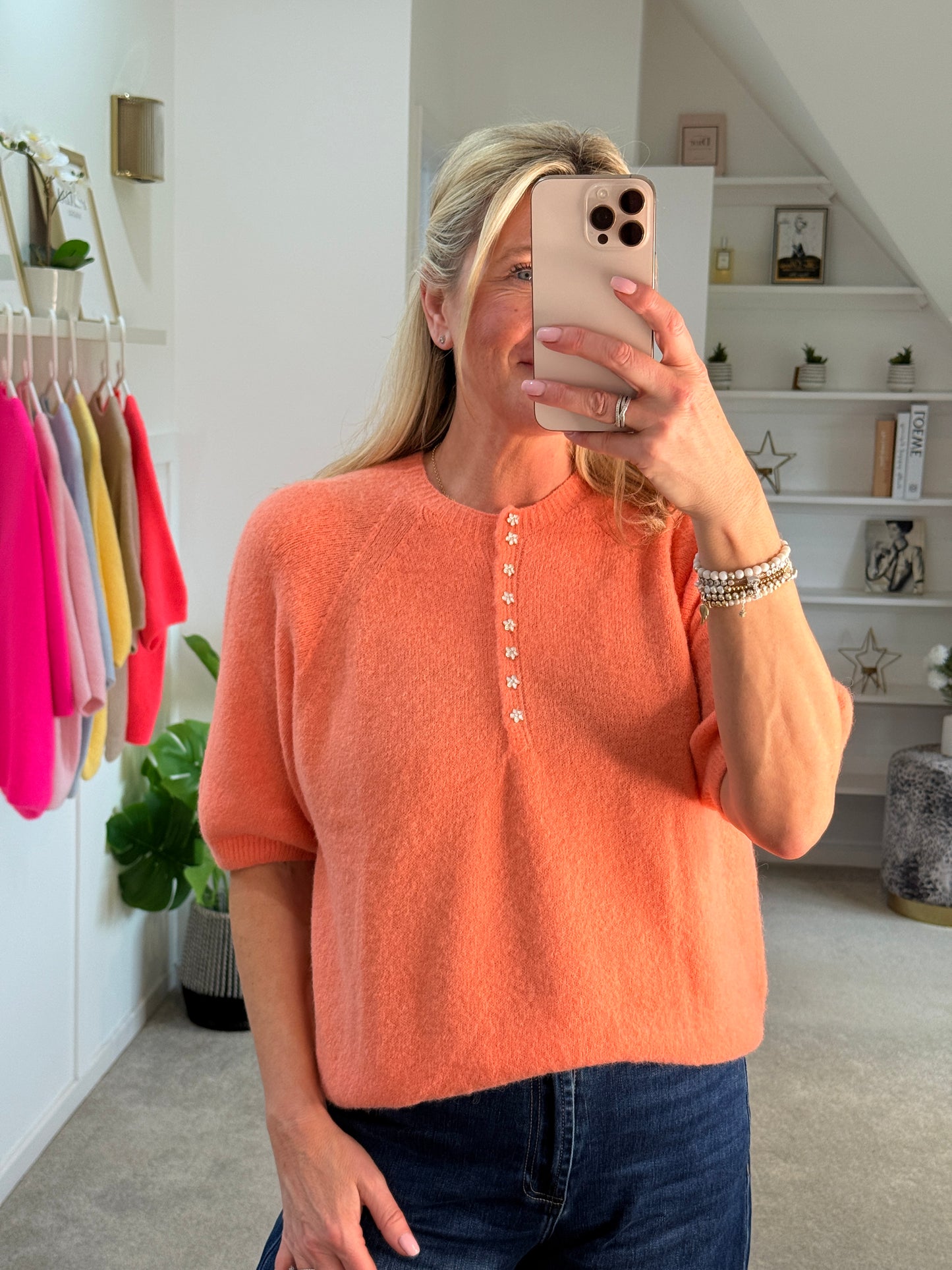 Papaya Alpaca Mix Diamanté Button Jumper