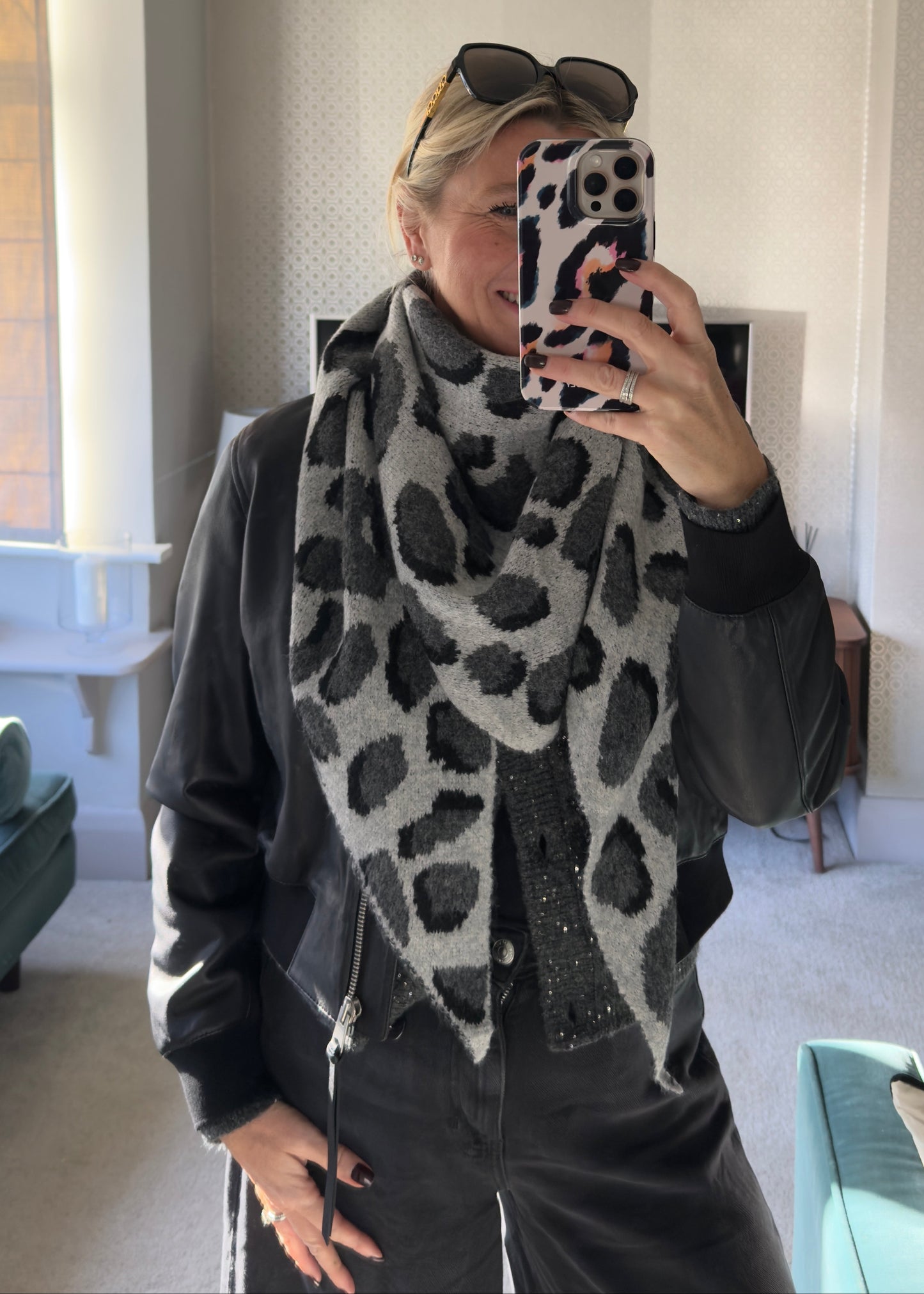 Grey Triangle Leopard Print Scarf