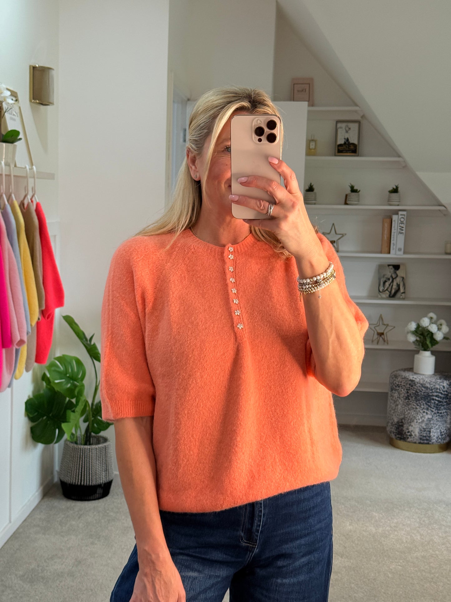 Papaya Alpaca Mix Diamanté Button Jumper