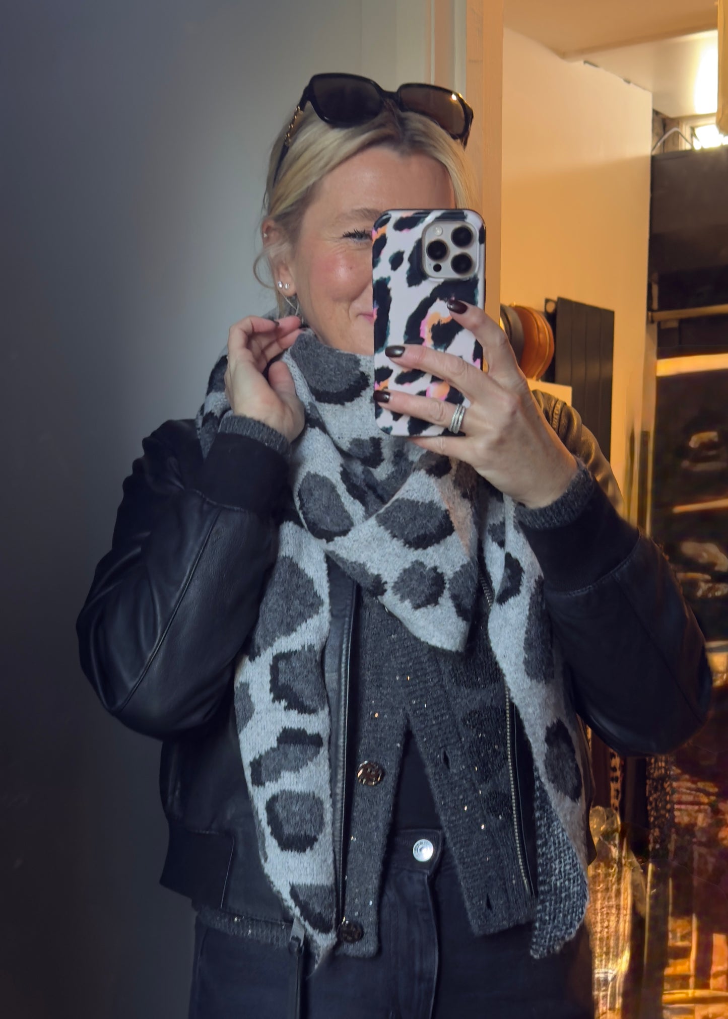 Grey Triangle Leopard Print Scarf