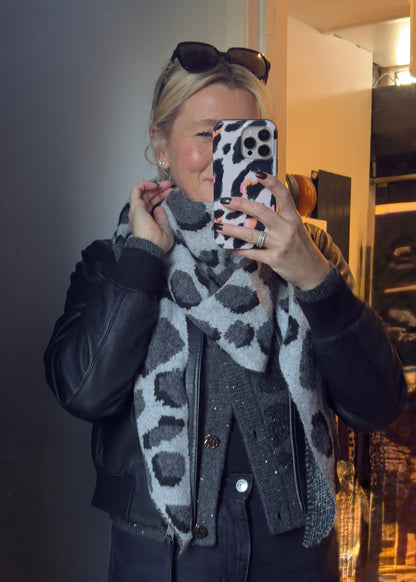 Grey Triangle Leopard Print Scarf