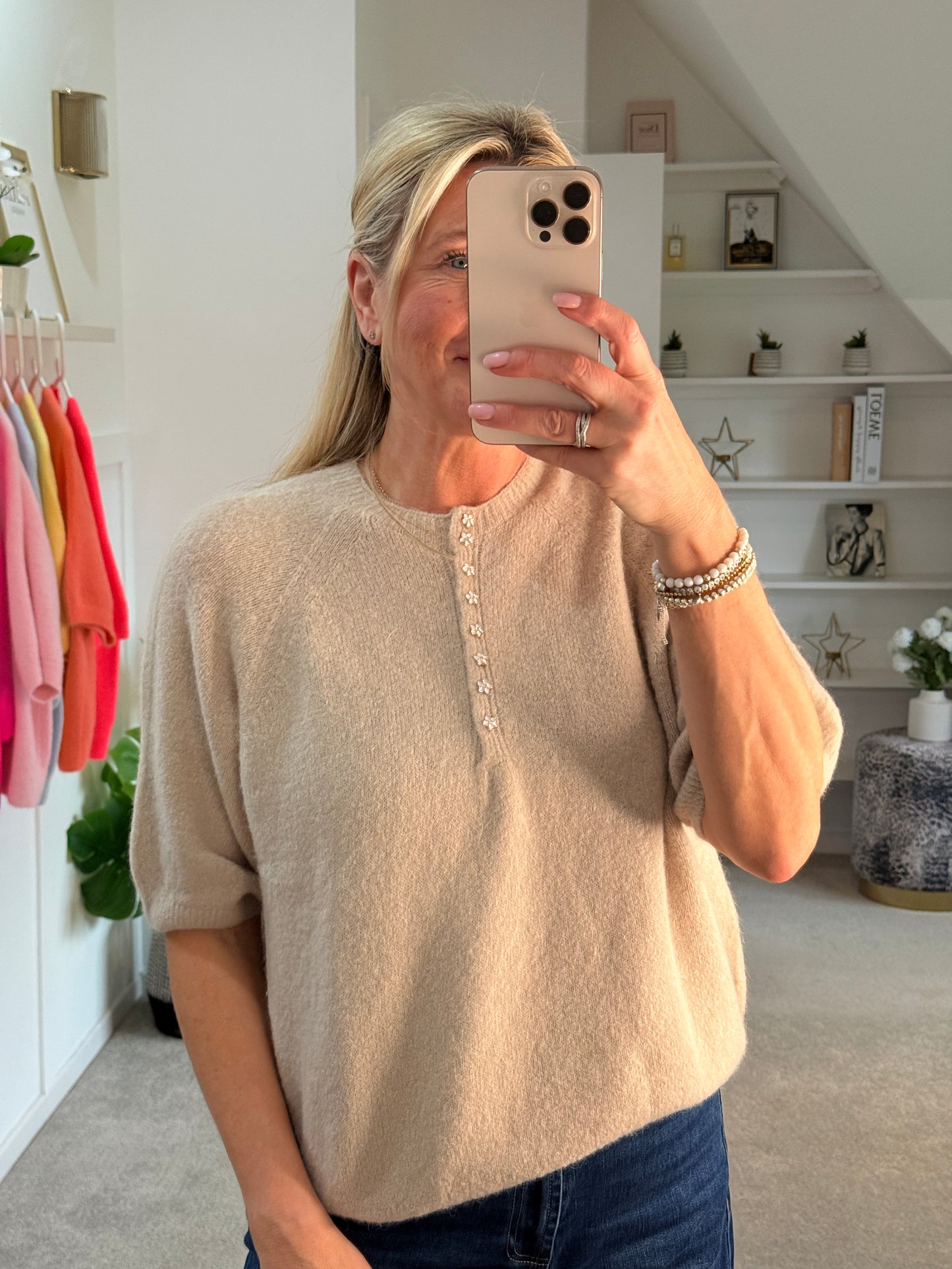 Beige Alpaca Mix Diamanté Button Jumper