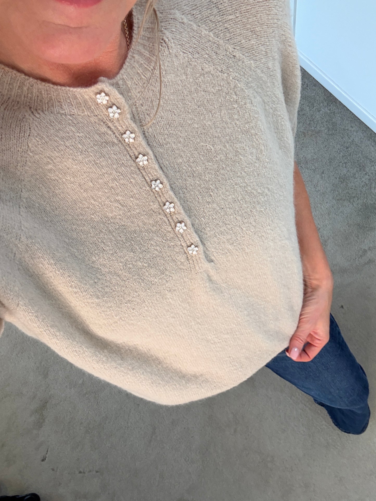 Beige Alpaca Mix Diamanté Button Jumper