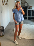 Cornflower Blue Frill Sleeve Linen Top
