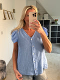 Cornflower Blue Frill Sleeve Linen Top