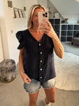 Navy Frill Sleeve Linen Top