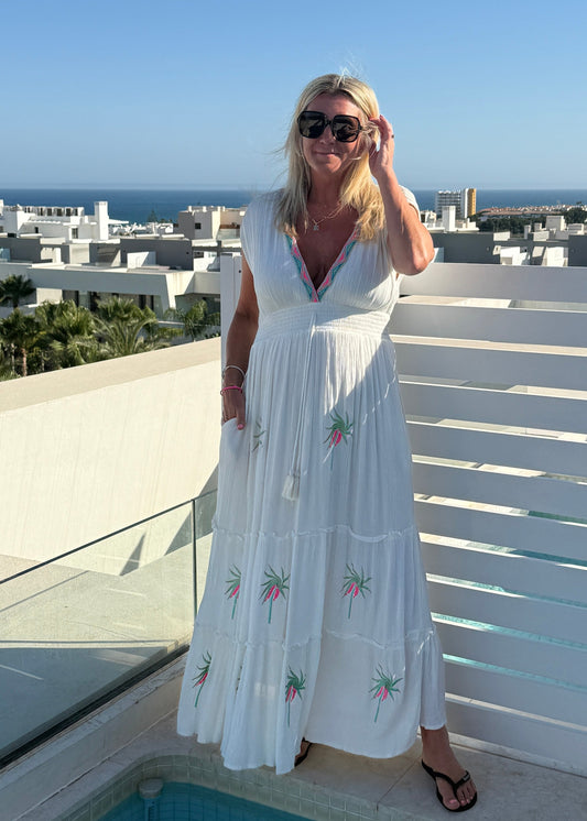 White Embroidered V Neck Grecian Maxi Dress