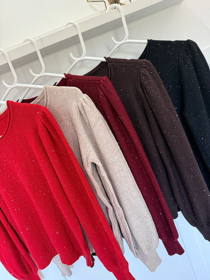 Red Sequin Puff Shoulder Jumper