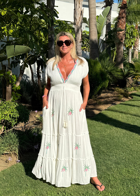 White Embroidered V Neck Grecian Maxi Dress