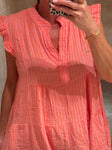 Neon Orange Small Stripe Frill Sleeve Dress