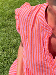 Neon Orange Small Stripe Frill Sleeve Dress