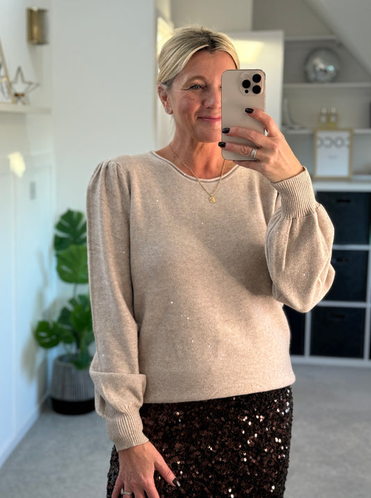 Oatmeal Sequin Puff Shoulder Jumper