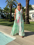 Mint/Neon Pink Ruffle Neck Palm Grecian Dress