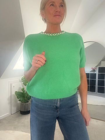 Green Pearl Neck Fluffy S/S Jumper