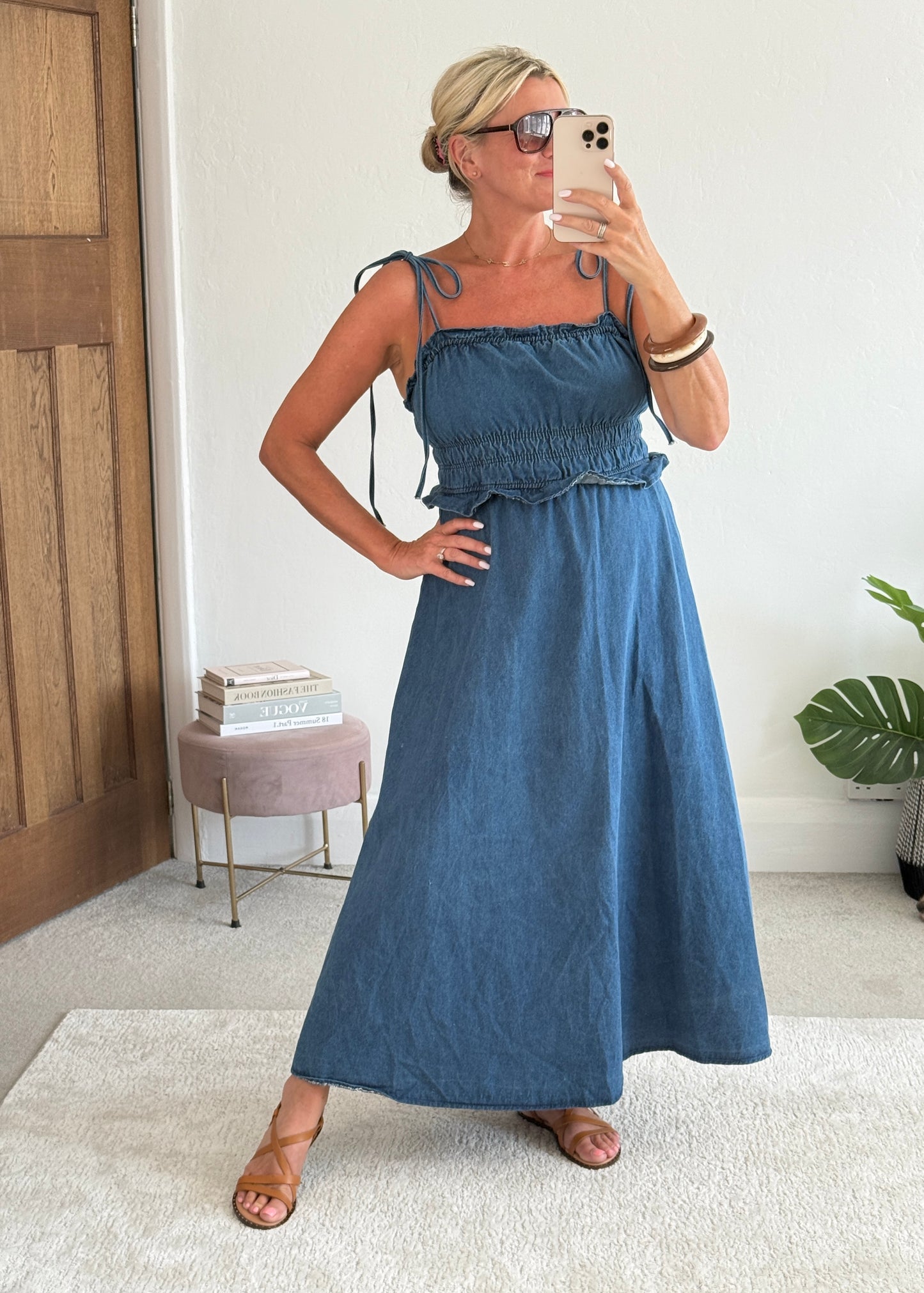 Blue Denim Tie Strap Shirred Dress