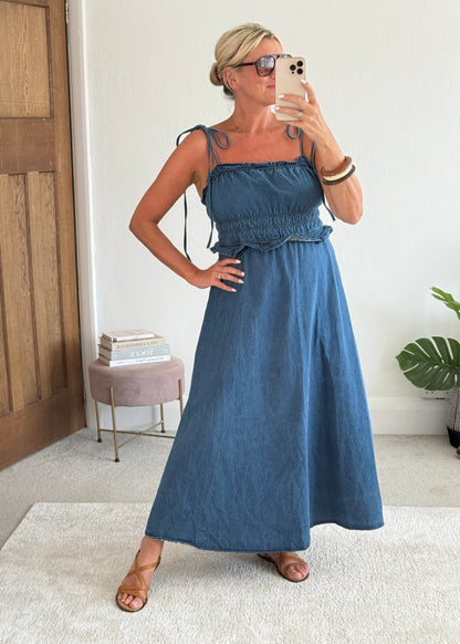 Blue Denim Tie Strap Shirred Dress