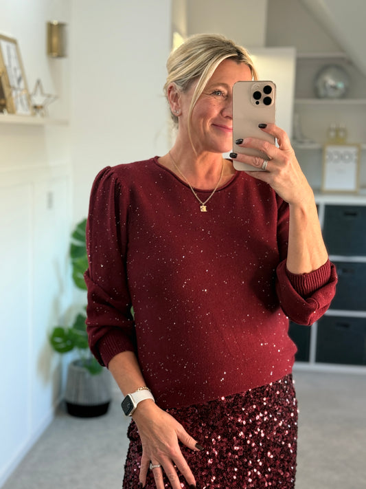Burgundy Sequin Puff Shoulder Jumper