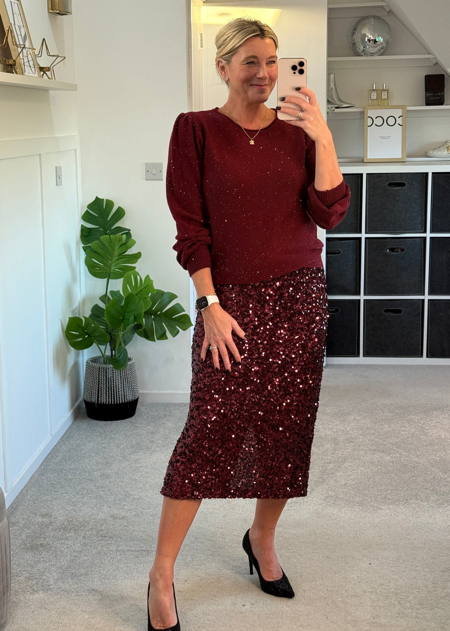 Burgundy Luxe Sequin Pencil Skirt