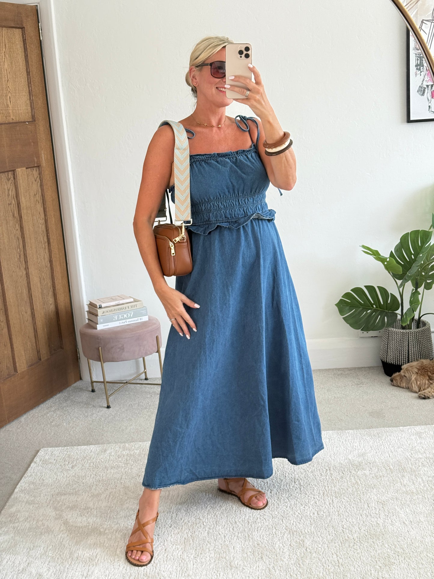Blue Denim Tie Strap Shirred Dress