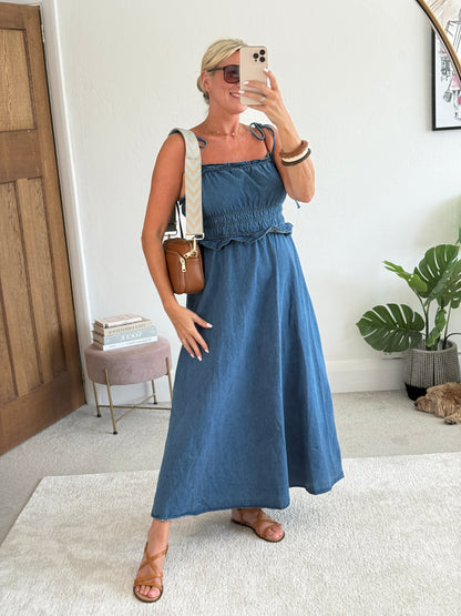 Blue Denim Tie Strap Shirred Dress
