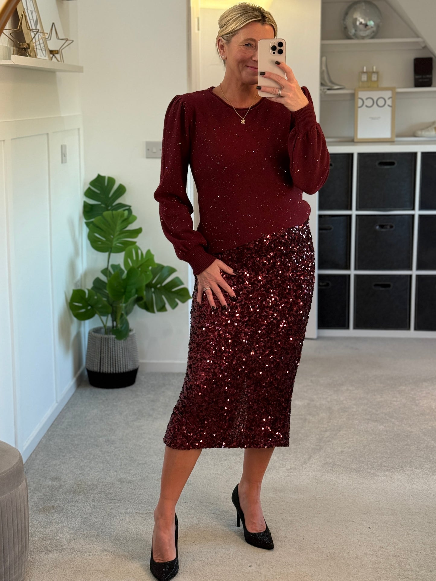 Burgundy Luxe Sequin Pencil Skirt