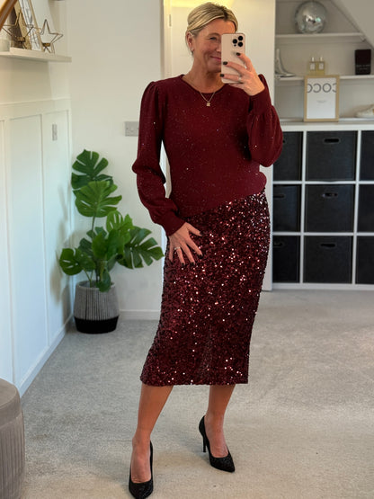 Burgundy Luxe Sequin Pencil Skirt