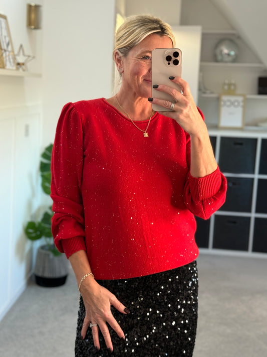 Red Sequin Puff Shoulder Jumper