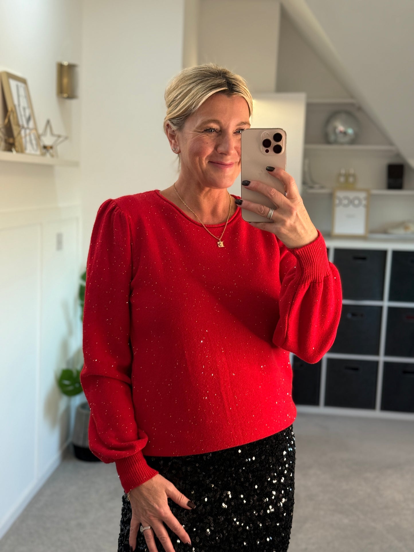 Red Sequin Puff Shoulder Jumper