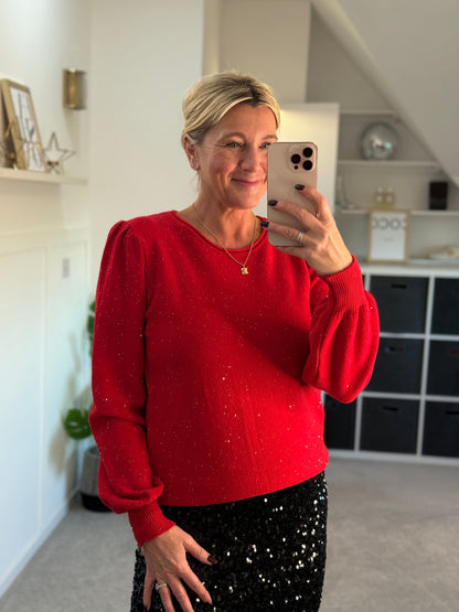 Red Sequin Puff Shoulder Jumper